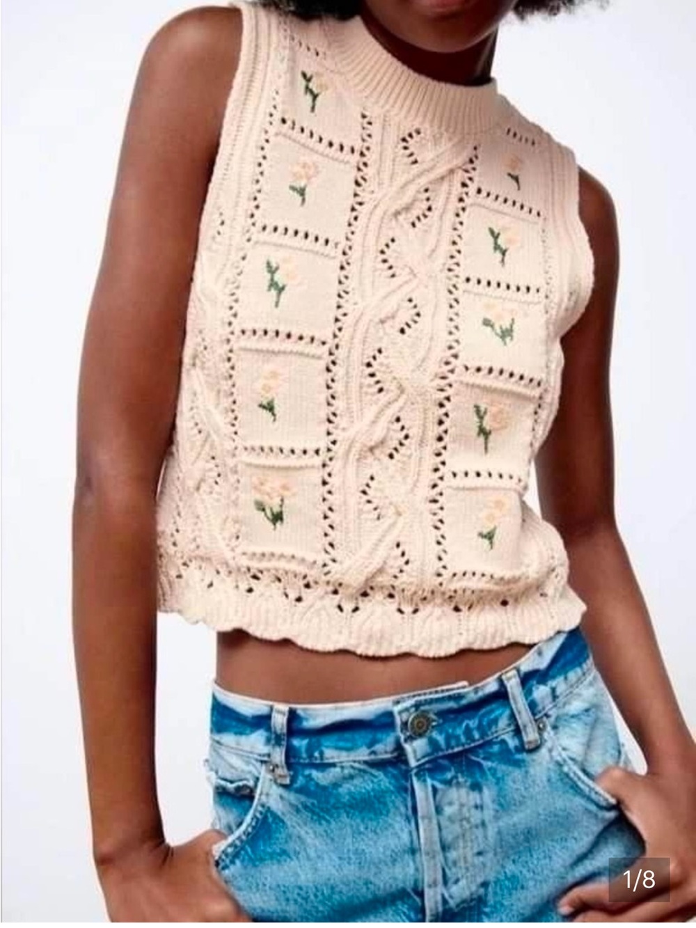 Zara ivory sleeveless embroidered crochet sweater